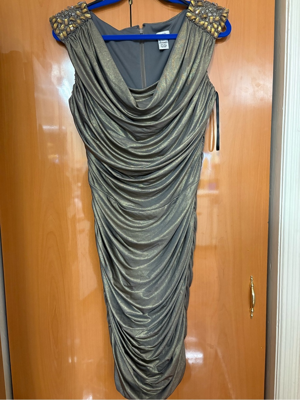 Cache Metallic Olive-Green Ruched Midi Dress with Embellished Shoulders